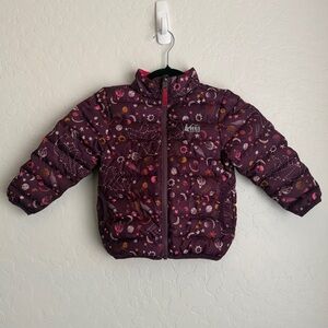 REI Co-op Kid's Reversible 650 Down Puffer Jacket Space Pattern Purple Pink 3T